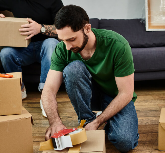 Professional Dielman packers wrapping fragile items in branded boxes