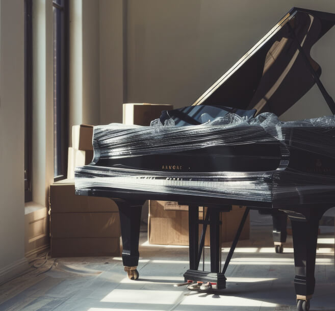 A Dielman crew handling a piano move with proper dollies and floor protection
